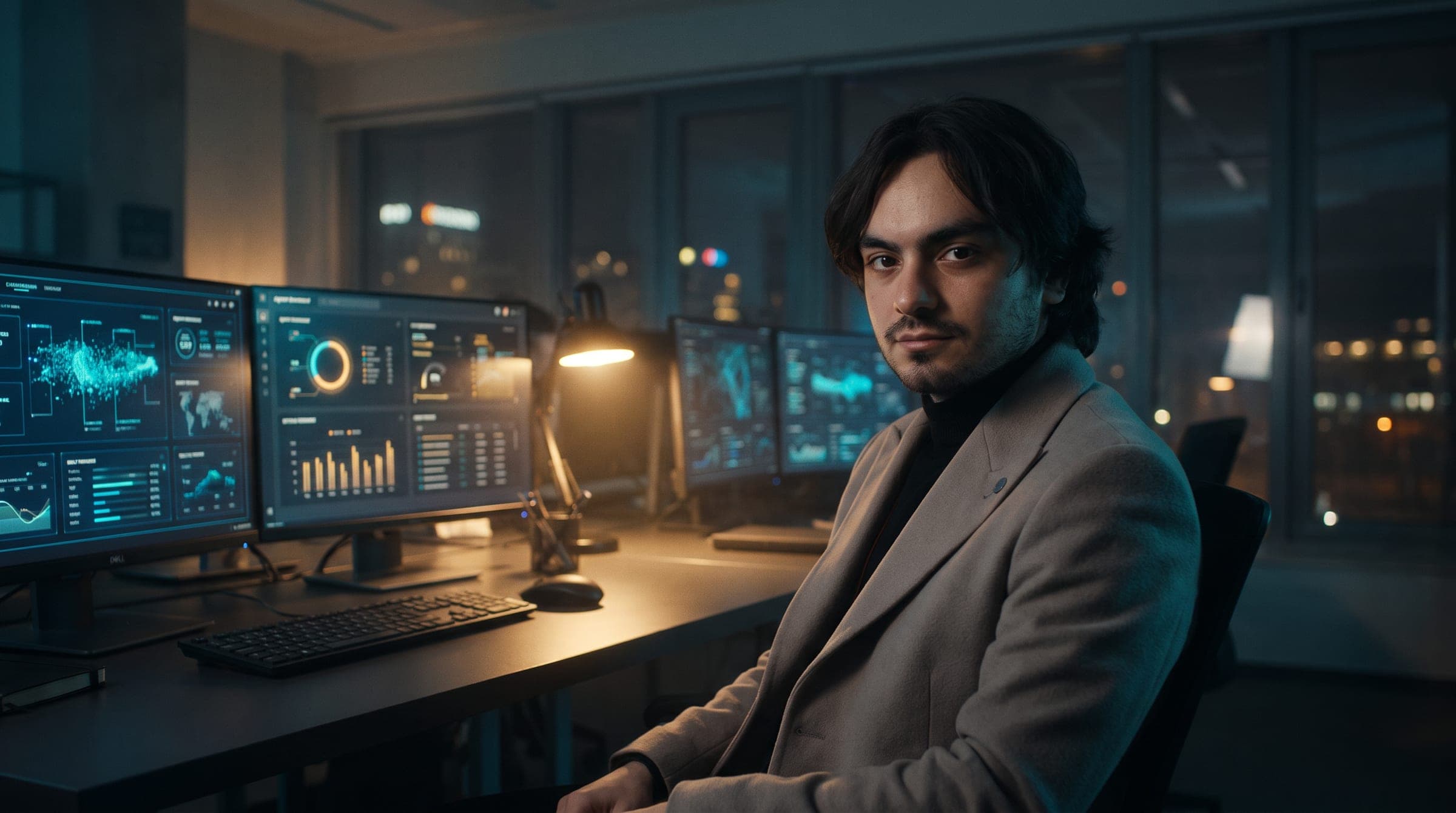 Burak Şen at a desk in a dim studio, agent dashboards on the monitors