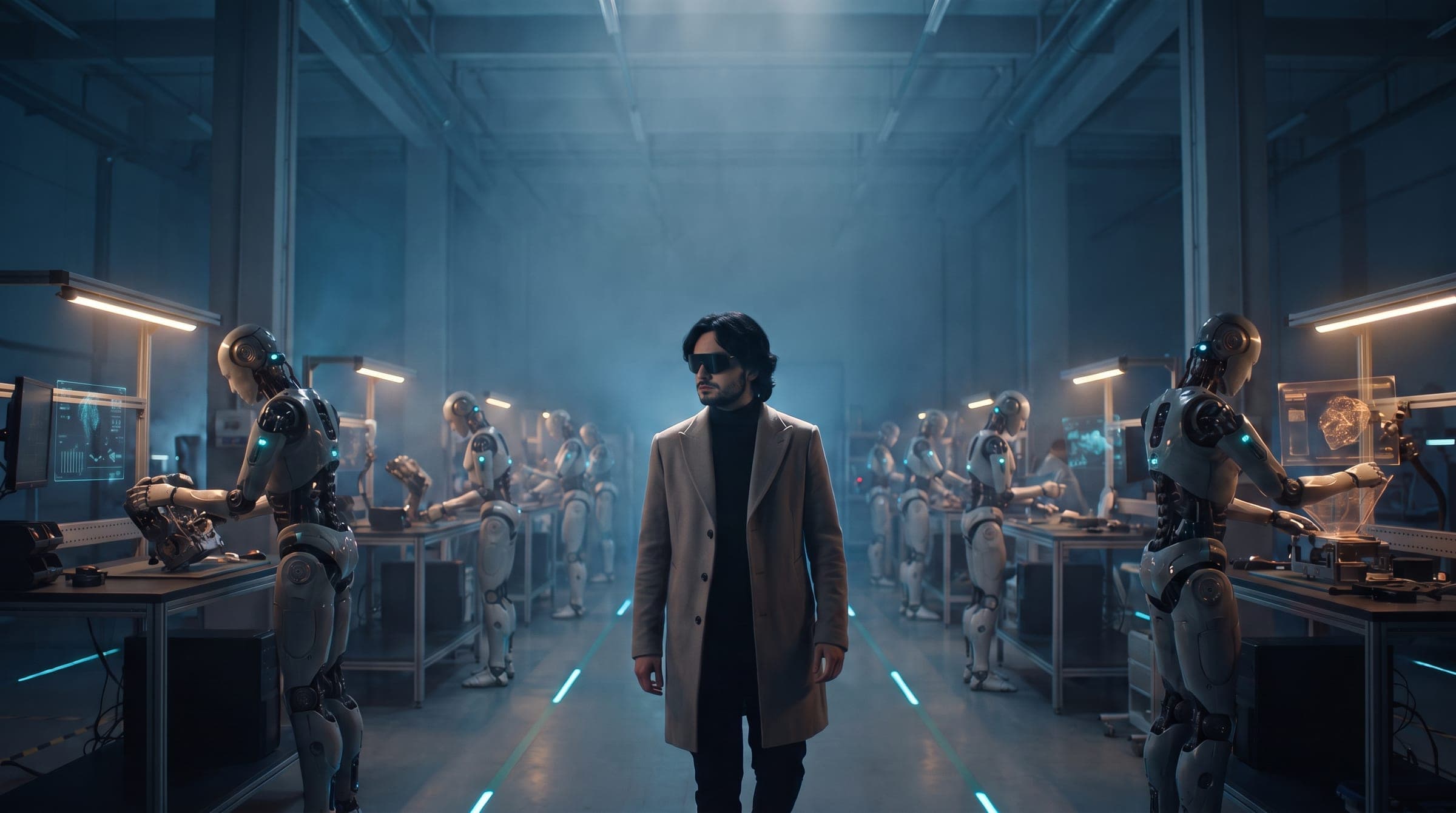 Burak Şen walking down the aisle of a hall of working humanoid robots