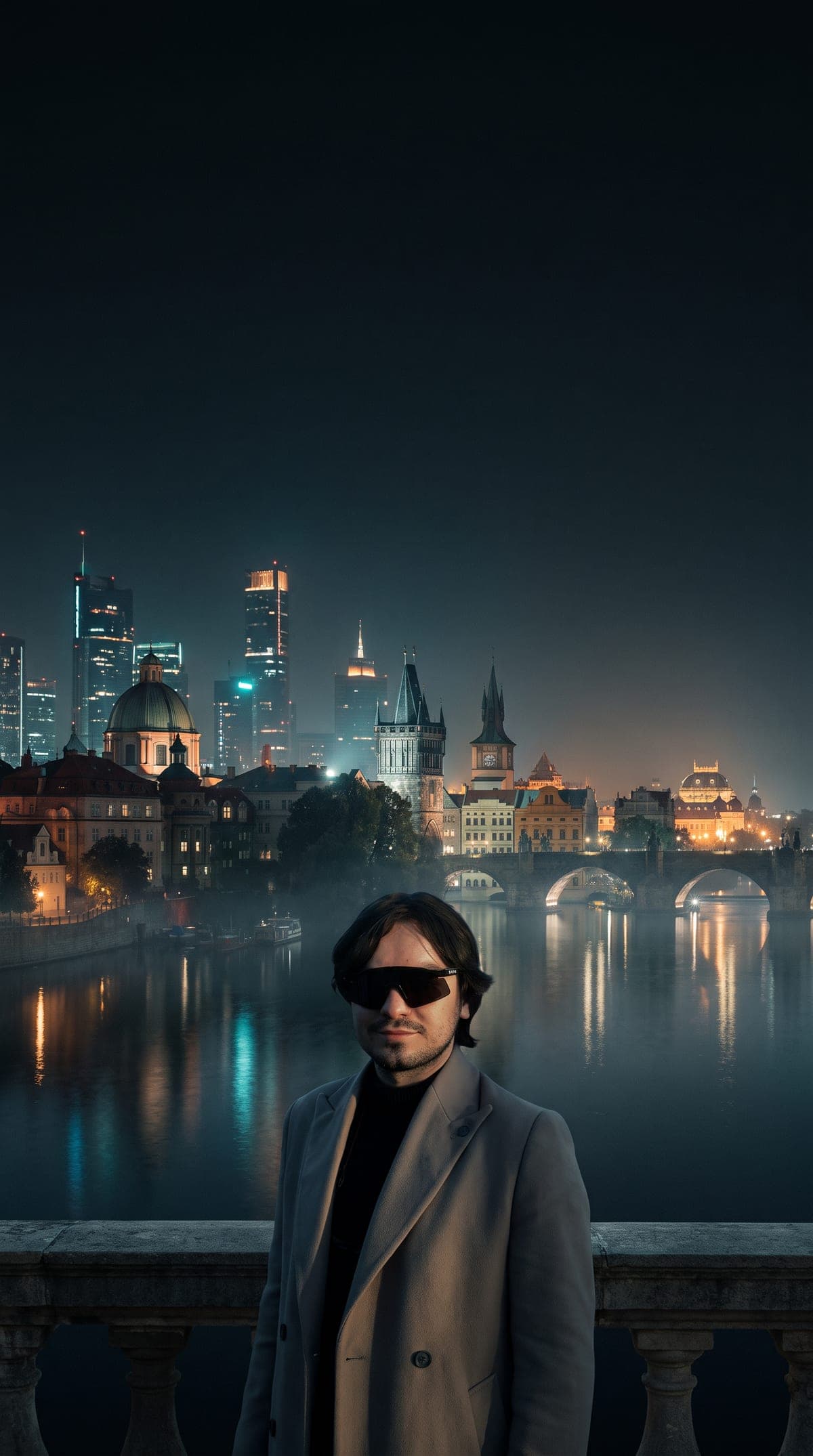A futuristic city over a river at night; Burak Şen at a railing on the right